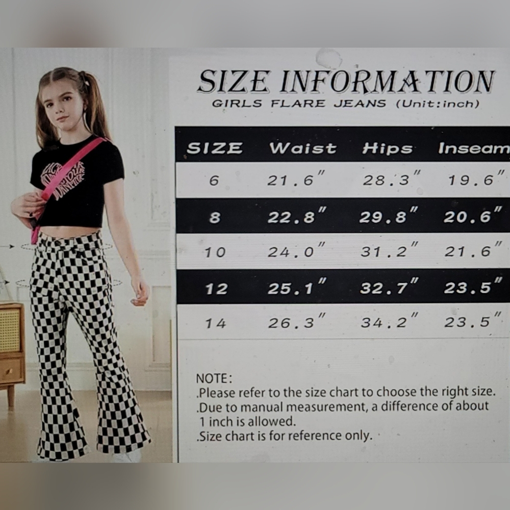 NwT. GIRLS stretch 70s bell bottom flare pants checkered size 10 - Picture 3 of 12